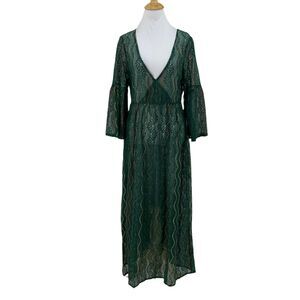 Enka See Through Lace Maxi Night Dress S Small Mid Bell Sleeves Floral Cover Up
